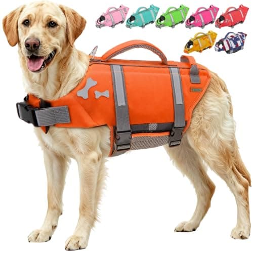 EMUST Dog Life Jacket, XL, NewOrange, Waterproof, Breathable, Adjustable with Rescue Handle, for Swimming Pool Beach Boating