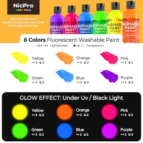 Nicpro 6 Colors Fluorescent Washable Paint Set for Kids, 4 oz Neon Paint