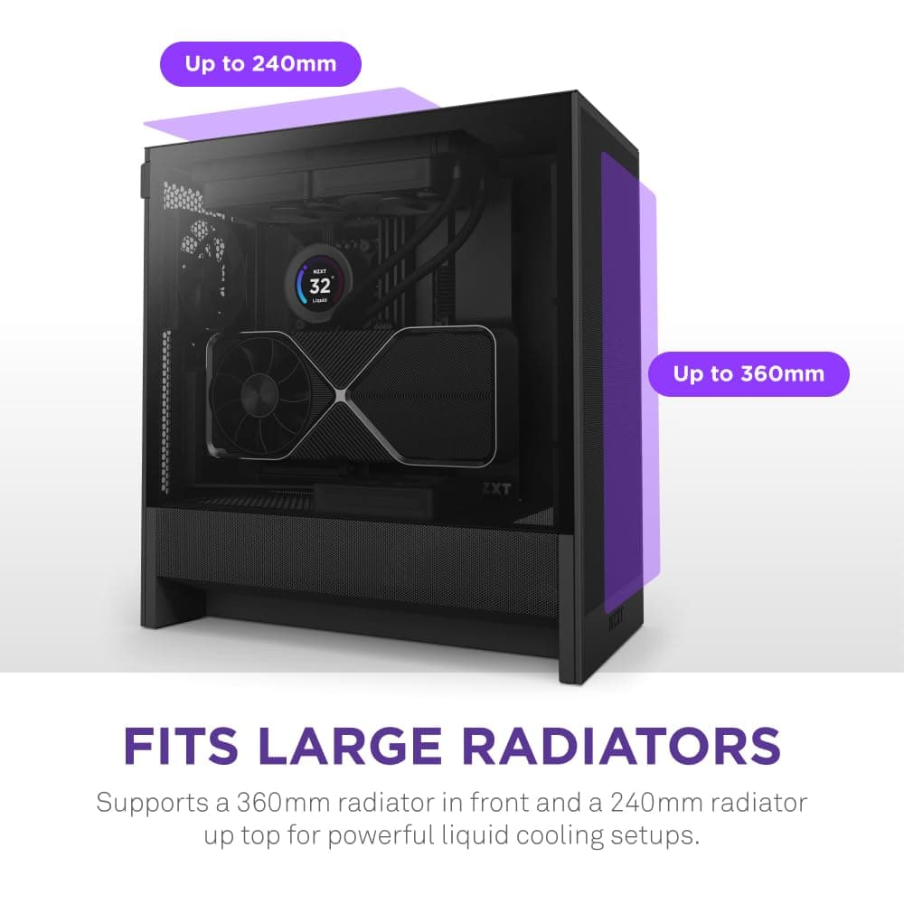 NZXT H5 Flow - Compact ATX Mid-Tower PC Gaming Case - High Airflow - 2 x 120mm Fans Included - 360mm Front & 240mm Top Radiator Support - Cable Management System - Tempered Glass - Black — view 4