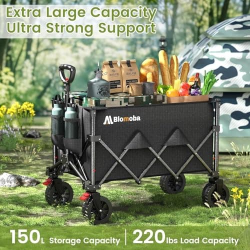 Blomoba Collapsible Wagon Cart, 150L Heavy Duty Foldable Beach Wagon with Wider Wheels & Auto-Rebound Handle, Utility Grocery Shopping Cart for Garden, Shopping, Camping, Sports, Black — view 3