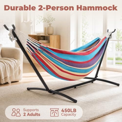 Hammock with Stand, Ohuhu Double Hammock with Space Saving Steel Stand & Pillow 2 Person Hammocks with Portable Carrying Bag for Camping Garden Patio Indoor Use Gift for Birthday, Tropical — view 5