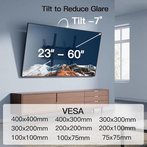 PERLESMITH Tilting TV Wall Mount for 23-60 Inch Flat Curved TVs, Low Profile Tilt TV Mount up to 115 lbs, Wall Mount Bracket Fits 8″/16” Wood Studs, Max VESA 400x400mm, PSMTK1