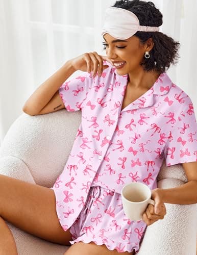 Ekouaer Pajamas Set for Women Short Sleeve Sleepwear Button Down Pjs Lounge Sets Soft Nightwear Bow Small — view 2