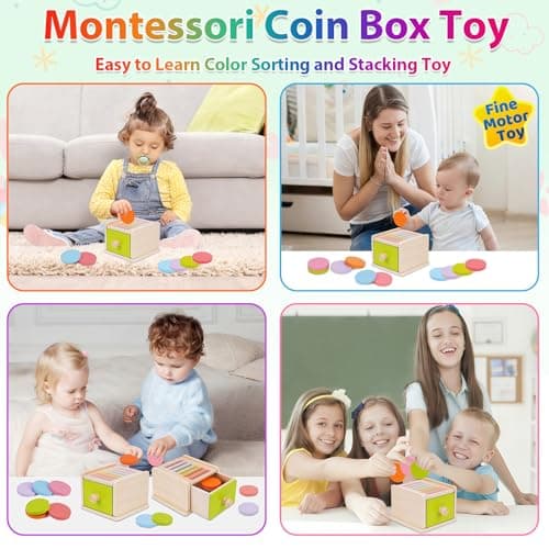 FCSONU Toddlers Montessori Coin Box Toys for 1 2 3 Year Old, Wooden Baby Toys for Toddlers 1-3, Color Sorting & Stacking Sensory Toys for Ages 2-4 Kids, Easter Birthday for Boys Girls — view 5