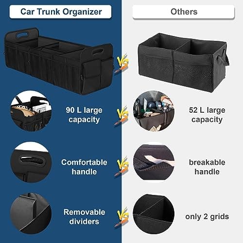 Femuar Large Capacity Trunk Organizer, Waterproof Car Accessory, Non-Slip, Foldable, Suitable for All Vehicles, Black