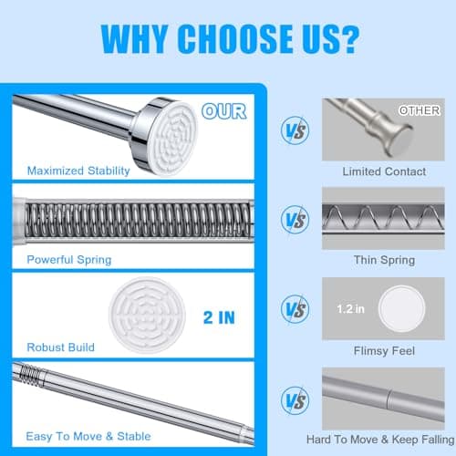 TEECK Shower Curtain Rod, 32-80 inch Adjustable Spring Tension Curtain Rod, Never Rust Anti-Slip Shower Curtain Rod for Bathroom, No Drilling, Never Collapse, Easy to Use, Silver — view 5