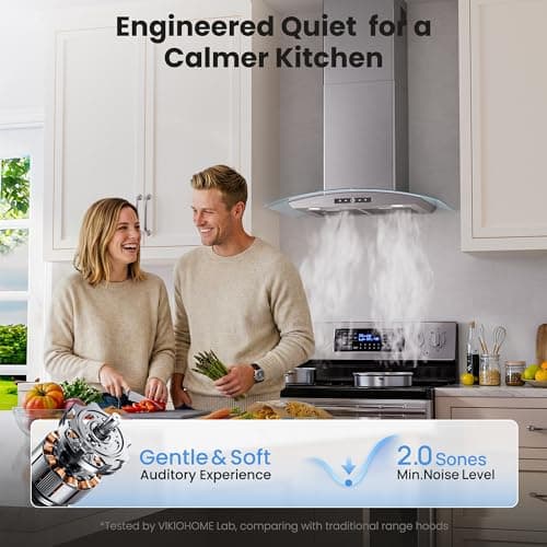VIKIO HOME 36 Inch Wall Mount Range Hood, 450 CFM Dual Inlet, Curved Glass Kitchen Vent Hood, Ducted/Ductless Convertible, 3-Speed Touch Control, LED Lights, Stainless Steel — view 5