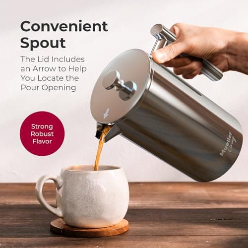 MuellerLiving French Press Coffee Maker 34oz, Stainless Steel French Press Coffee, 4 Filter Heat Resistant Double Insulated, Rust-Free, Food Grade, Dishwasher Safe Coffee Pot — view 4