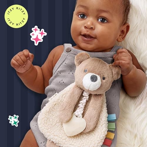 Itzy Ritzy - Itzy Lovey Including Teether - Baby Lovey with Teether, Textured Ribbons & Dangle Arms - Features Crinkle Sound, Sherpa Fabric and Minky Plush (Bear) — view 5