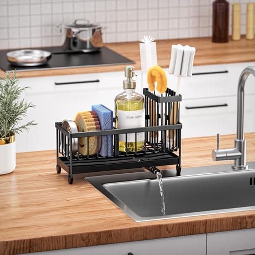 Cisily Sponge Holder for Kitchen Sink, Sink Caddy Organizer with High Brush Holder, Kitchen Countertop Organizers and Storage Essentials, Rustproof 304 Stainless Steel (Black, 9.25″) — view 6