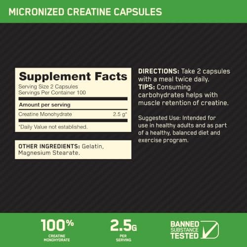 Optimum Nutrition Creatine, Micronized Creatine Monohydrate Capsules, Supports Strength & Recovery, Banned Substance Tested, 2.5g per Serving, 100 Servings, 200 Count