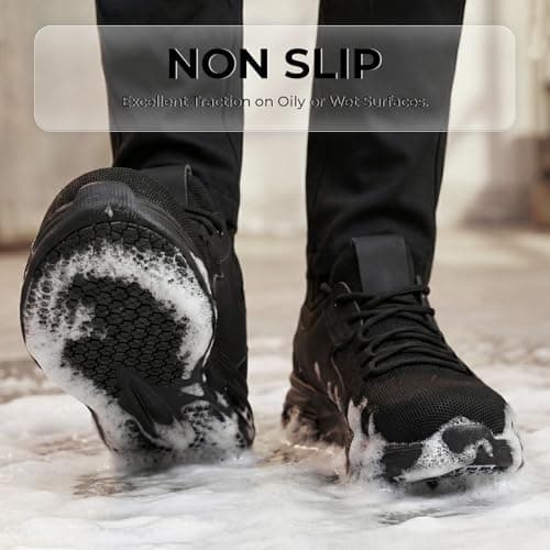 Ulogu Wide Steel Toe Shoes for Men Waterproof Thick Sole Non Slip Safety Sneakers Comfortable Puncture Proof Indestructible Work Shoe Black — view 5
