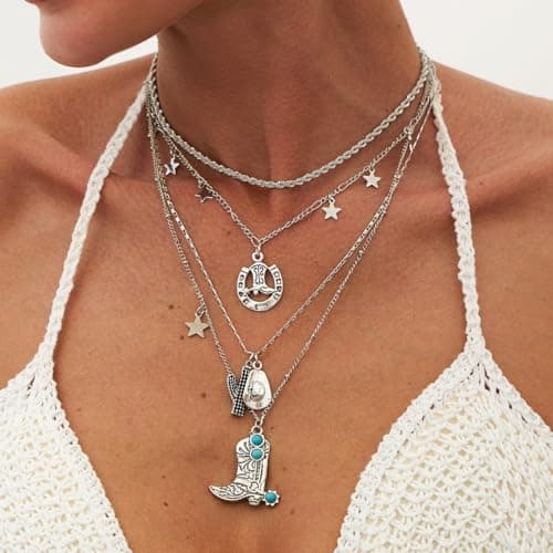 Boho Layered Necklaces for Women Turquoise Necklace Turquoise jewelry for Women Western Necklace Cactus Horseshoes Boots Hats Pendant Necklace Stack Bohemian Jewelry (Style 2 - silver cactus horseshoes boot hat)