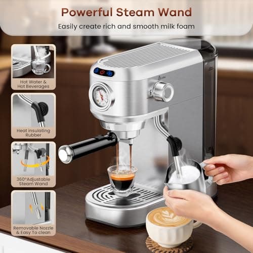 ANYCOLD Espresso Machine with Milk Frother, 20 Bar Stainless Steel Coffee Machine, Espresso Maker with 34oz Removable Water Tank for Home, Office, Women or Men