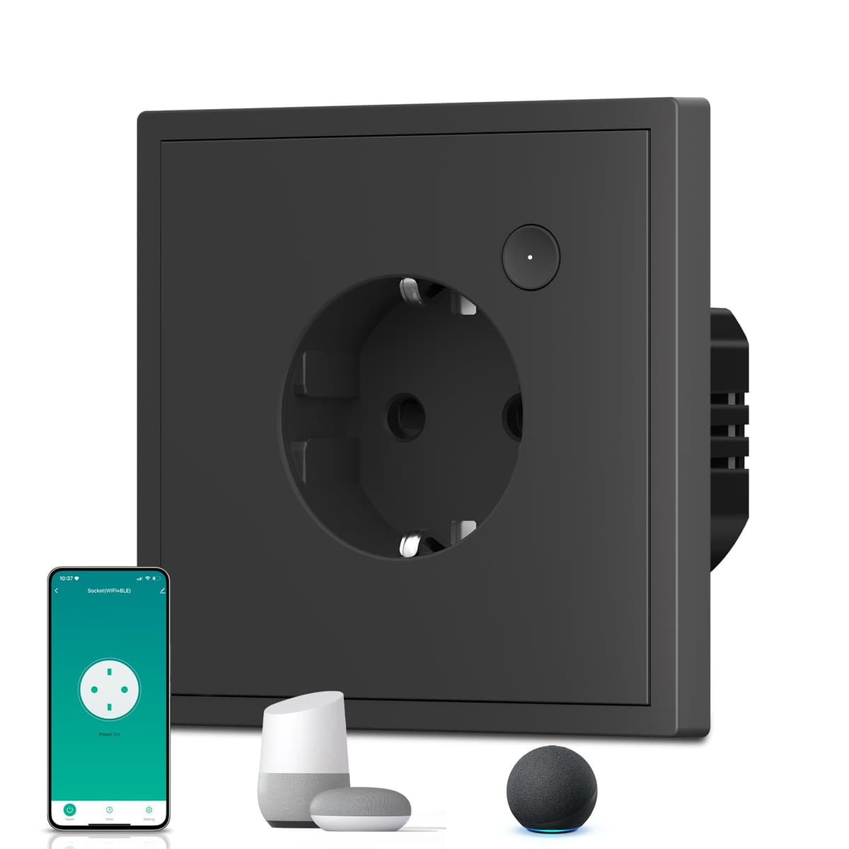 BSEED Enchufe Inteligente Alexa,Mate Enchufe Pared Wifi con Temporizadores,Control Remoto por APP & Voz,Requiere Cable Neutro,1 Enchufe,Negro 86mm