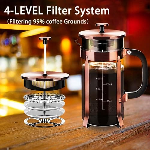 YMMIND French Press Coffee Maker 304 Stainless Steel Coffee Press,with 4 Filters System, Heat Resistant Thickness Borosilicate French Press Glass, BPA-Free Brewed Tea Pot Coffee Plunger(Copper 12oz)