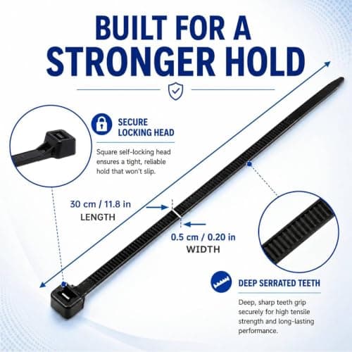 Zip Ties 12 inch, 100 Pack Heavy Duty Black Zip Ties with 120 lbs Tensile Strength, Self-Locking Nylon Cable Ties,Wire Ties for indoor and outdoor use. — view 2