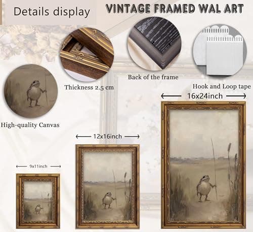 Vintage Gold Framed Frog Wall art, Funny Cottagecore Animal Oil Painting Canvas Print, Whimsical Animal Picture Wall Decor, Rustic Farmhouse Moody Poster Artwork for Living Room Bedroom Bathroom — view 2