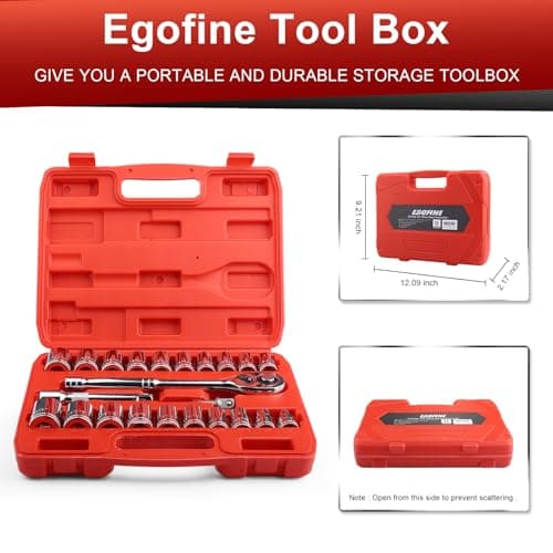 Egofine 1/2" Drive Socket Set, 23 Piece Standard SAE (7/16 to 1 inch) and Metric (13-19, 21, 22, 24mm) 6 Point, with Quick Release Ratchet, Extension Bars, Drive Drill Adapter — view 3