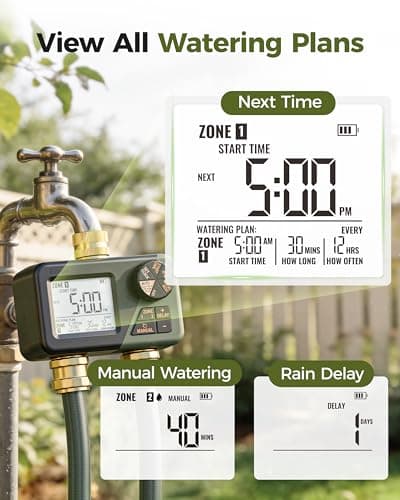 Diivoo Brass Sprinkler Timer 2 Zone, IP66 Waterproof Programmable Water Hose Timer 2 Outlet with Large Display, Rain Delay & Manual Watering for Outdoor Automatic Irrigation of Garden, Lawn, Yard — view 3