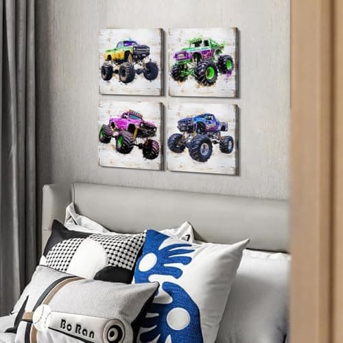 Monster Truck Canvas Wall Art for Boys Room Decor Vintage Car Posters Kids Wall Art, Trucks Poster for Boys Bedroom Playroom Watercolor Vehicle Wall Decor Nursery Paintings Children Gifts 12×12" 4 Pcs