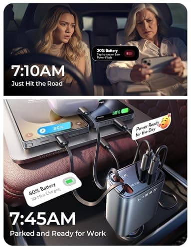 LISEN Retractable Car Charger 4 in 1 for Cars, 69W Retractable USB C Car Charger with 31.5in Cable, Fast Charging for iPhone 17 16 15 14 13 12 Pro Max Plus, Compact Cars Accessories for Daily Driving — view 4