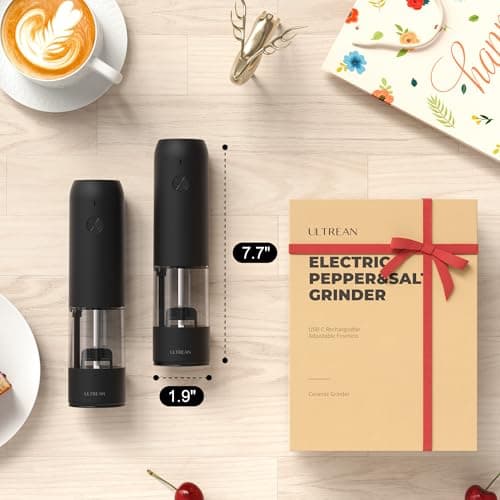 Ultrean Pepper Grinder, Rechargeable Salt and Pepper Grinder with 6 Adjustable Coarseness, LED Light, Automatic Grinder for Kitchen, Home and Kitchen Appliances Birthday Gifts for Women, Black — view 6