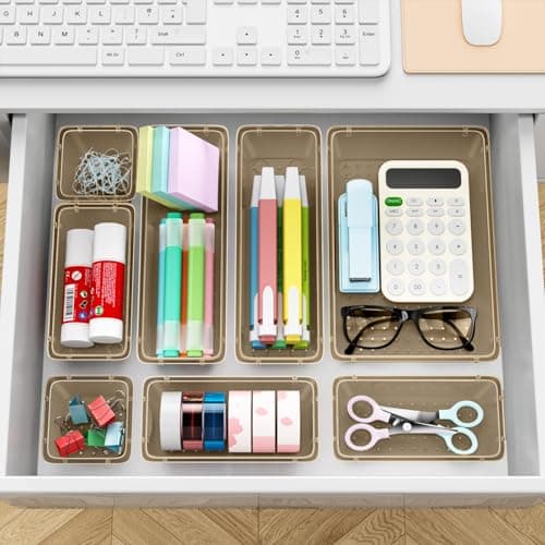 ElegantArray 12 PCS Drawer Organizer Set, 4 Sizes Tool Storage Trays, Clear Plastic Makeup Vanity Organizer and Storage Bins for Stationeries, Multiple Gadgets for Office, Bedroom, Champagne — view 5