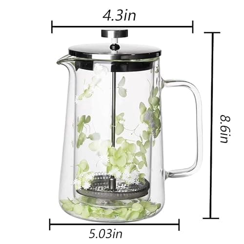 Briclis Glass French Press Coffee Maker 34oz, Embedded Dried Flower Double Wall Borosilicate Coffee Press, No Plastic, 4-Level Stainless Steel Filter for Tea & Cold Brew, Cute Decorative Design