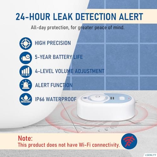 LSENLTY Water Leak Detector Supports 5 Years Standby Time, LED Indicator&100dB Leak Alarm, Self-Test Function&Low Battery Reminder Water Alarm, IP66 Waterproof for Home,3 Pack (Cannot Connect Wi-Fi)