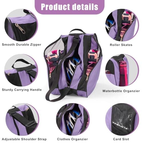 Purple Roller Skate Bag with Adjustable Shoulder Strap and Handle, Large Capacity Quad Inline Figure Skating Bag for Women Men Kids, Roller Skate Accessories — view 2