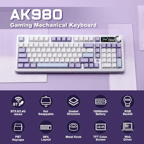 MIKIBY AJAZZ AK980 Mechanical Keyboard, Creamy & Thocky with Smart Display & Knob, 98% Wireless Tri-Mode BT/2.4G/USB-C, Hot Swappable, RGB Light for Win & Mac (Purple, Murad Switch)