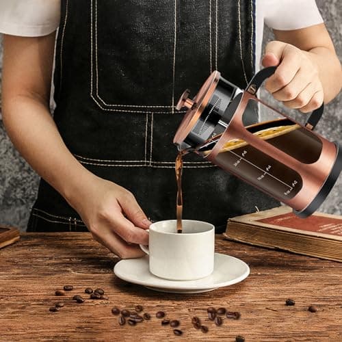 YMMIND French Press Coffee Maker (34oz 1Quart 5-6Cup) Coffee Press, with 4 Filters System, Heat Resistant Thickness Borosilicate Glass, Cold Brew Coffee Tea Pot Gifts (Copper) — view 6