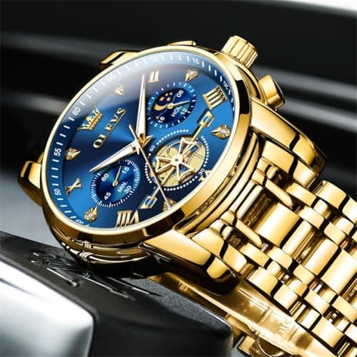 OLEVS Gold Mens Watch Blue Face Classic Luxury Fancy Nice Dress Watch Men Big Dial Date Stainless Steel Water Resistant Quartz Analog Men's Wrist Watches Moon Phase Skeleton Relojes De Hombre — view 2