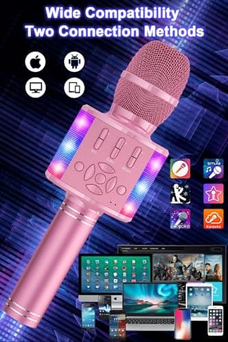 BONAOK Kids Karaoke Microphone Portable Bluetooth Machine Wireless Mic with LED Light, Birthday Gift Toys for Girls Boys Ages 4 5 6 7 8 9 10 11 12 Years Old Party Home(Pinkcolor) — view 2