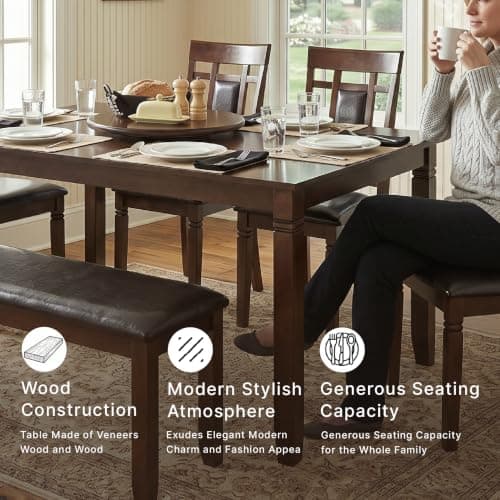 Signature Design by Ashley Bennox 6 Piece Dining Set with Upholstered Bench, Table & 4 Upholstered Chairs, Seats 6, Wood, Brown — view 2