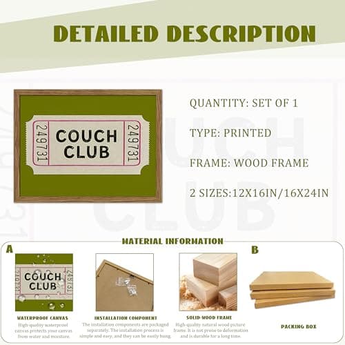 Vintage Framed Wall Art, Couch Club Ticket Canvas Wall Decor Painting, Retro Green Minimalist Quote Poster Print Picture for Living Room Bathroom Home Decor 12x16 Inch — view 2