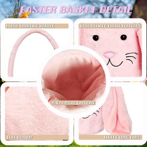 Easter Bunny Basket for Kids, Fluffy Easter Egg Hunt Bag Soft Fabric, Cute Rabbit Tote Bags with Long Plush Ear Easter Tote Bags for Candy Gifts Storage (Pink) — view 3