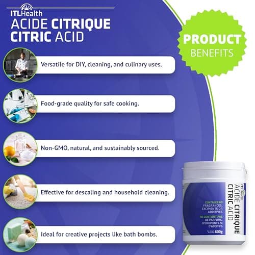 ITL Health Citric Acid Powder 600g - Pure, Food-Grade Quality for DIY Bath Bombs, Descaling & Household Cleaning, Non-GMO, Cleaner, Natural Ingredient for Cooking & a Variety of Home Uses — view 2
