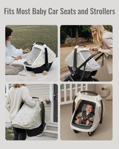 Blissful Diary Baby Car Seat Cover, Extra Large Mesh Window, Breathable Muslin Cotton, Infant Windproof Canopy, Must-Have Baby Gift - Botanical Leaf — view 5
