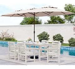 SERWALL 8-Pc HDPE Dining Set, 1 Table, 1 Umbrella & 6 Chairs, White