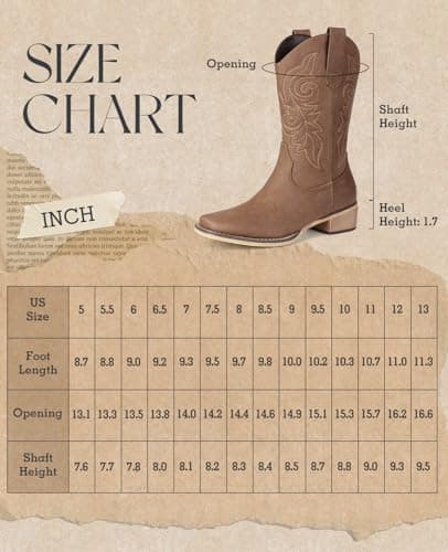 Pasuot Western Cowboy Boots for Women - Brown Square Toe Mid Calf Cowgirl Boots, Low Chunky Heel Country Boot with Classic Retro Embroidery Pull On for Ladies Rodeo Festival Concert US 8 — view 5