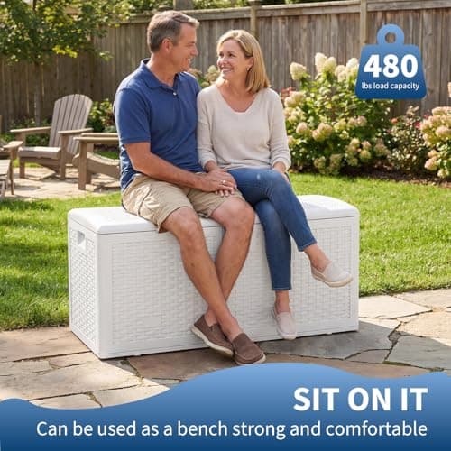 GarveeHome Outdoor Storage Box, 73 Gallon Deck Box, Waterproof Resin Patio Storage Box with Seat & Lockable Lid, Weather Resistant Organizer for Cushions, Tools, Pool Toys, White — view 5