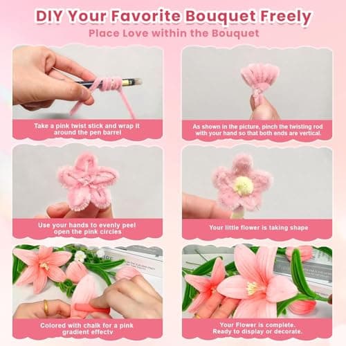 600 PCS Pipe Cleaners Craft, 6 Colors Pipe Cleaner Bulk Flower Kit, Chenille Stems Bulk with Floral Wires, Gardening Tape, Stamen, Wrapping Paper & Ribbon, DIY Art and Craft Supplies - Pink Gradient — view 5