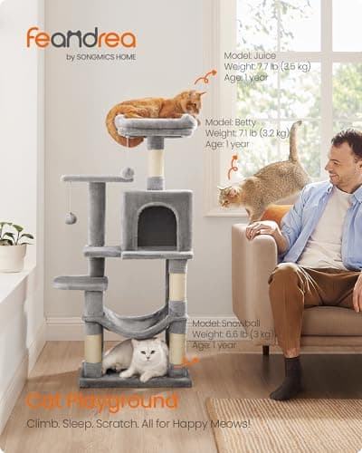 Feandrea Cat Tree Tower, 112 cm, 2 Perches, Hammock, Light Gray — view 2