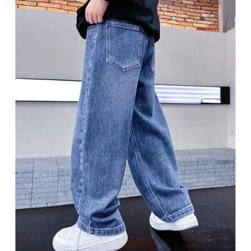 Baggy Jeans Boys Y2K Straight Wide Leg Denim Pants Kids Casual Elastic Waist Loose Trousers Pocket Streetwear Vintage Clothes (CA/US, Age, 15 Years, 16 Years, Light Blue) — view 3