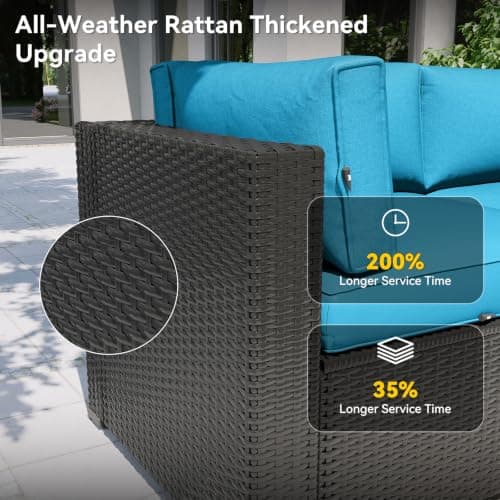 Aoxun Patio Furniture Set with Fire Pit Table, 8 Piece Outdoor Sectional Sofas, Wicker Rattan Outdoor Furniture with Thickened Cushion for Backyard, Garden Peacock Blue — view 5