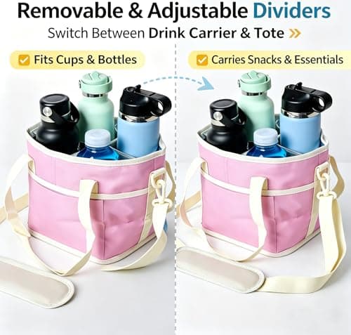 4 Compartment Insulated Drink Carrier Holder Bag, Multiple Tumbler Caddy Family Size Drink Bag, Water Bottle Holder with Adjustable Strap, Drink Caddy Tote for Coffee, Travel, Outings (Black) — view 2