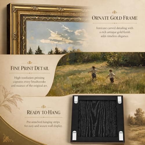 Canvas Wall Art Framed - Kids in Summer Field Landscape Painting, Vintage Gold Framed Picture Poster Prints Artwork for Home Wall Decor,12x16 Inch — view 4