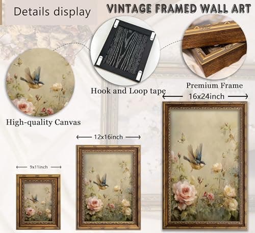 Vintage Gold Framed Bird Wall Art Spring Cottagecore Painting Canvas Sparrow And Butterfly In The Rose Bush Picture Wall Decor Whimsical Floral Aesthetic Print Artwork For Living Room Bedroom — view 4